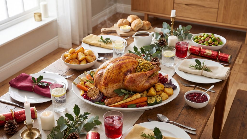 Golden roasted whole turkey on a white platter, garnished with rosemary, thyme, and roasted lemon, styled on a worn white timber surface.