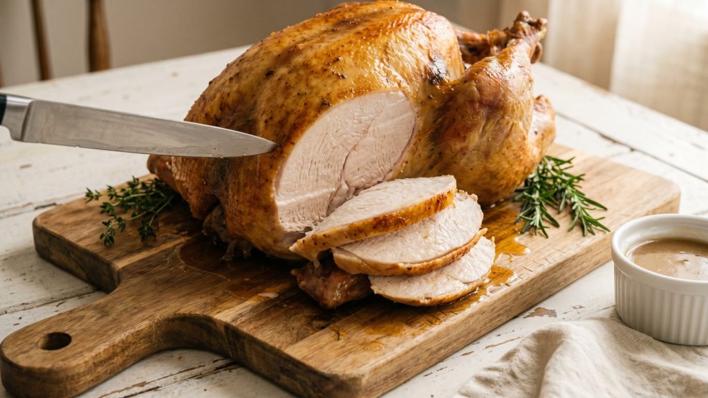 Juicy carved roast turkey breast slices fanned out on a wooden board with gravy and fresh thyme.